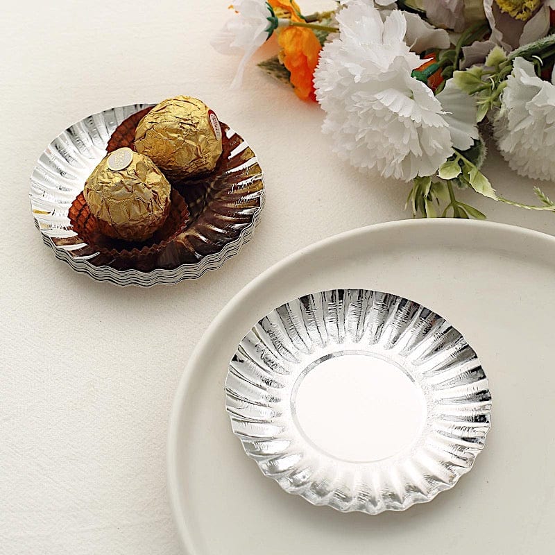 50 Metallic Round Disposable Mini Dessert Paper Plates with Scalloped Trim