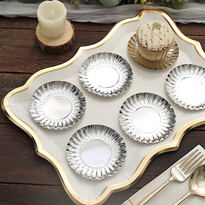 50 Metallic Round Disposable Mini Dessert Paper Plates with Scalloped Trim