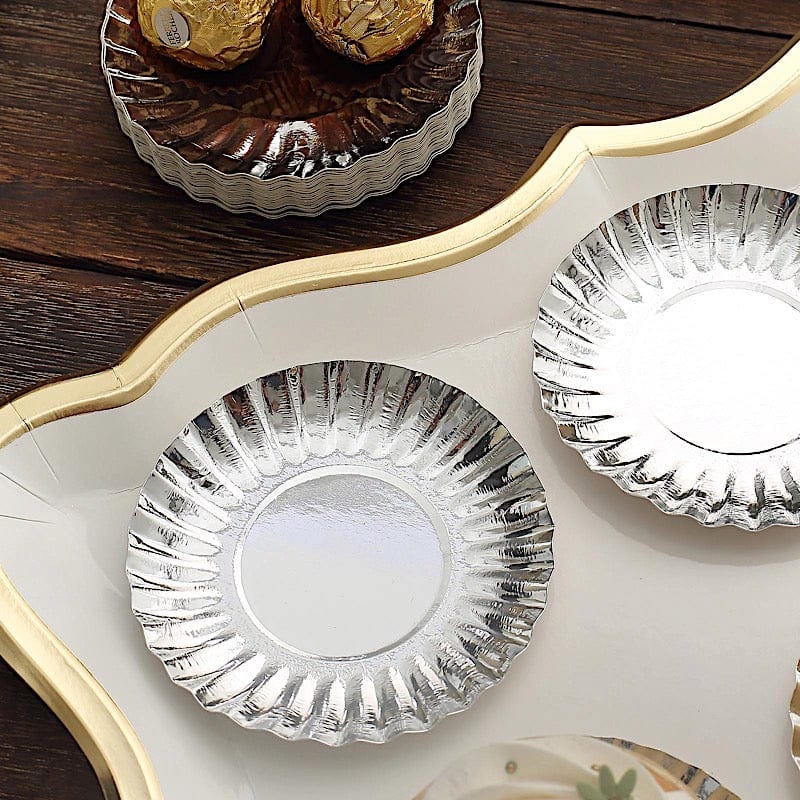 50 Metallic Round Disposable Mini Dessert Paper Plates with Scalloped Trim