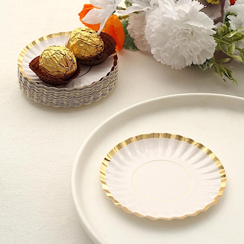 50 Metallic Round Disposable Mini Dessert Paper Plates with Scalloped Trim