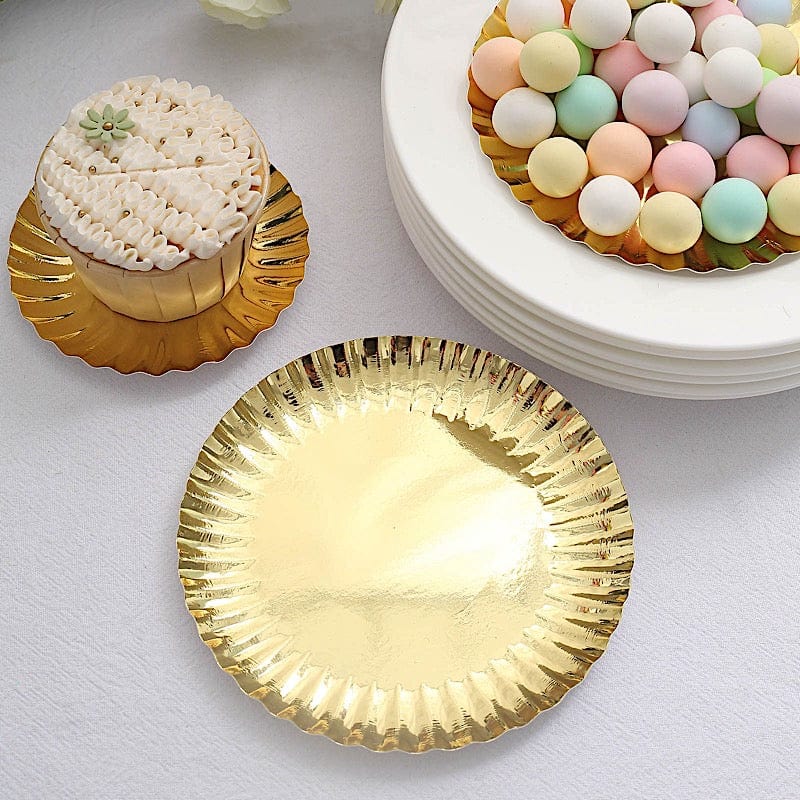 50 Metallic Round Disposable Mini Dessert Paper Plates with Scalloped Trim