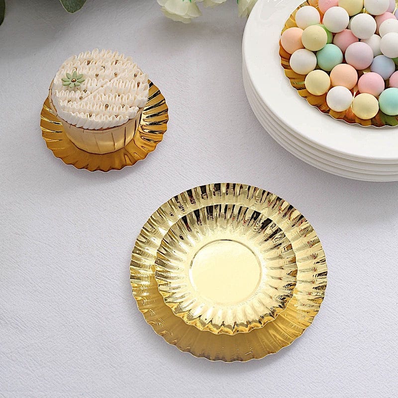 50 Metallic Round Disposable Mini Dessert Paper Plates with Scalloped Trim