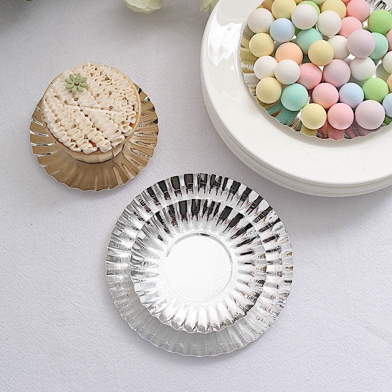 50 Metallic Round Disposable Mini Dessert Paper Plates with Scalloped Trim