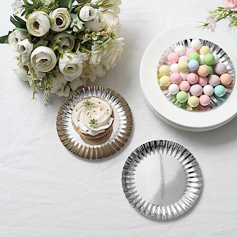50 Metallic Round Disposable Mini Dessert Paper Plates with Scalloped Trim