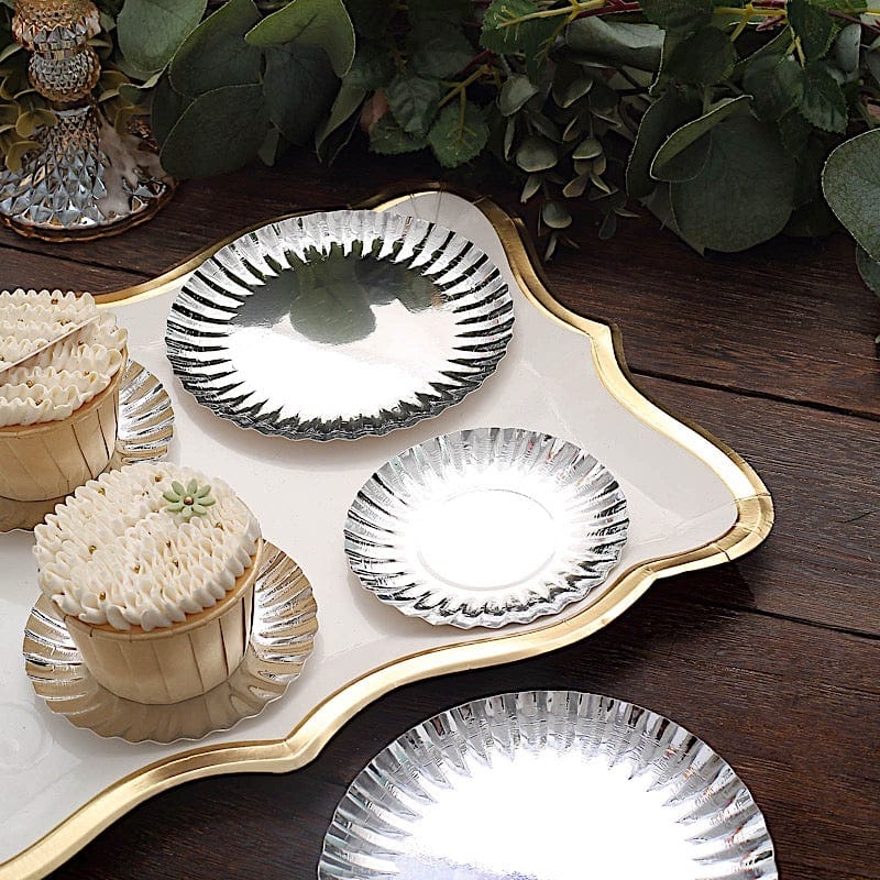 50 Metallic Round Disposable Mini Dessert Paper Plates with Scalloped Trim