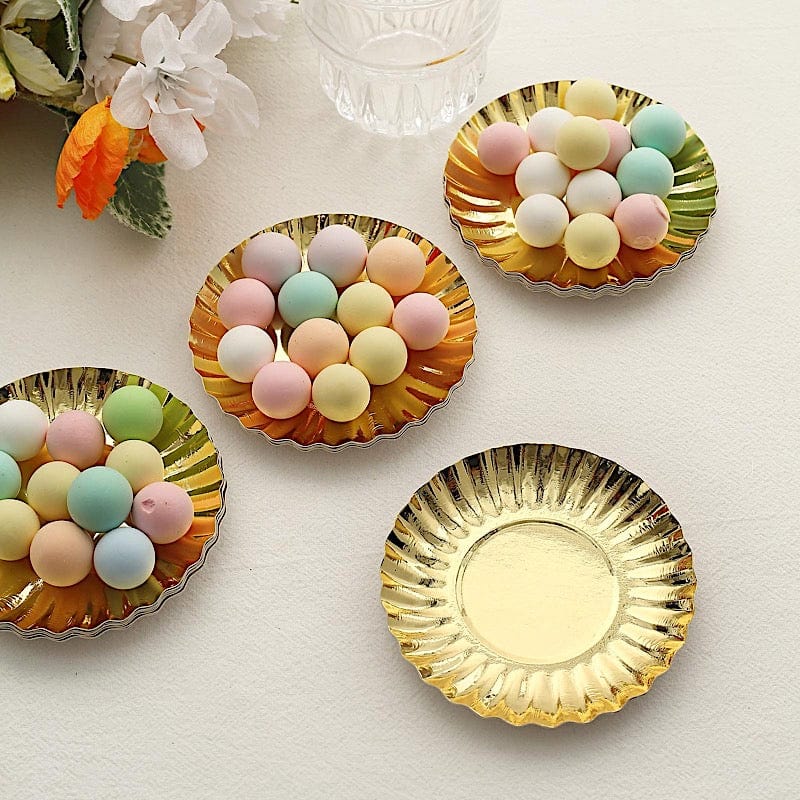 50 Metallic Round Disposable Mini Dessert Paper Plates with Scalloped Trim