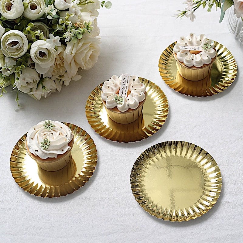 50 Metallic Round Disposable Mini Dessert Paper Plates with Scalloped Trim