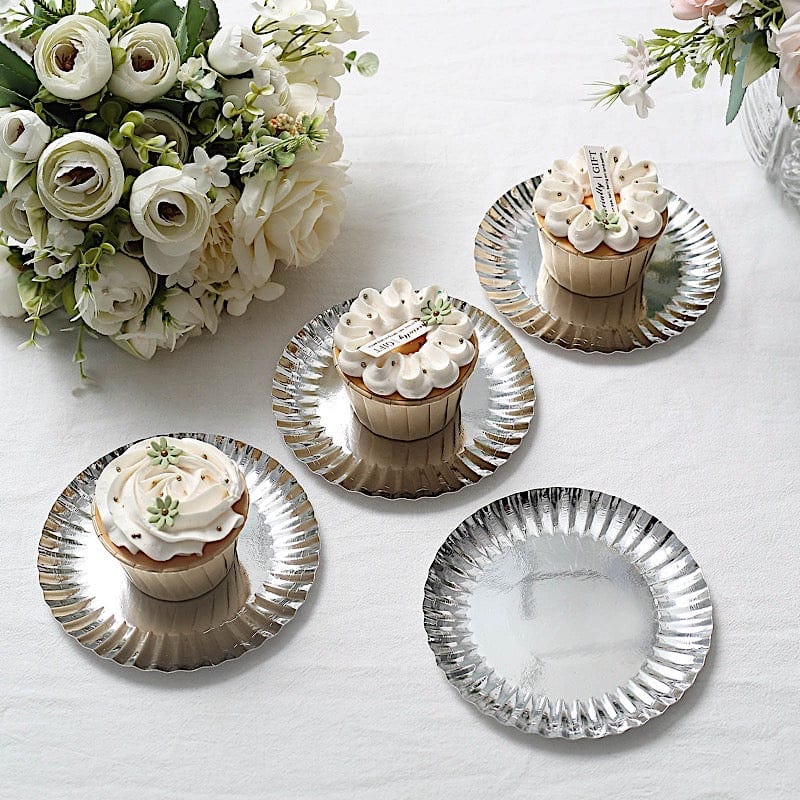 50 Metallic Round Disposable Mini Dessert Paper Plates with Scalloped Trim
