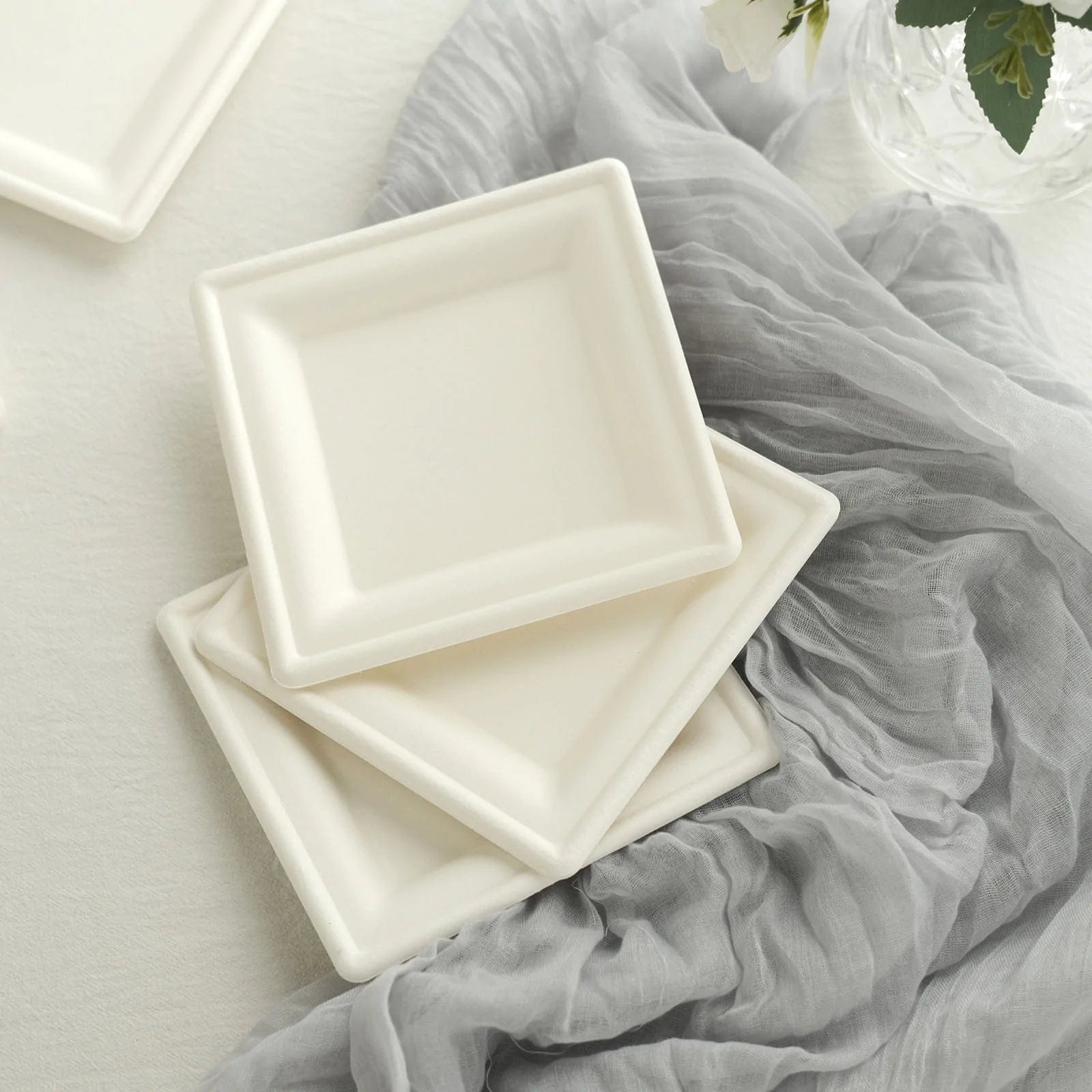 50 White Square Sustainable Bagasse Disposable Salad Dinner Plates