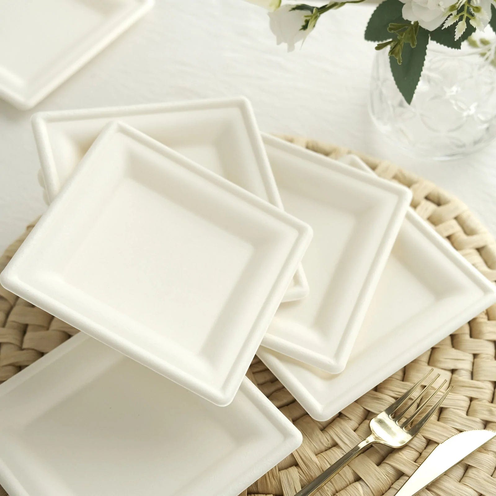 50 White Square Sustainable Bagasse Disposable Salad Dinner Plates