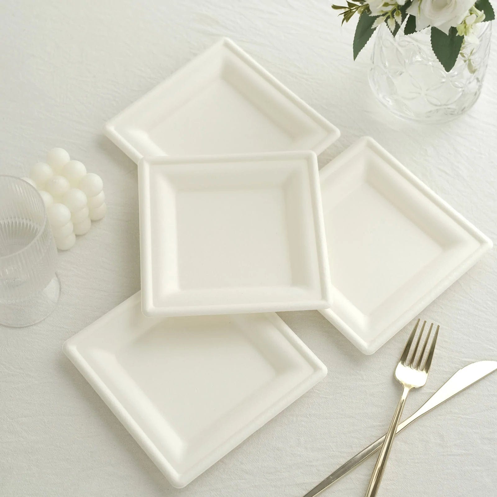 50 White Square Sustainable Bagasse Disposable Salad Dinner Plates