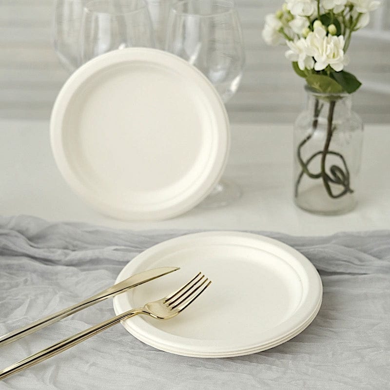 50 White Round Sustainable Bagasse Disposable Salad and Dinner Plates