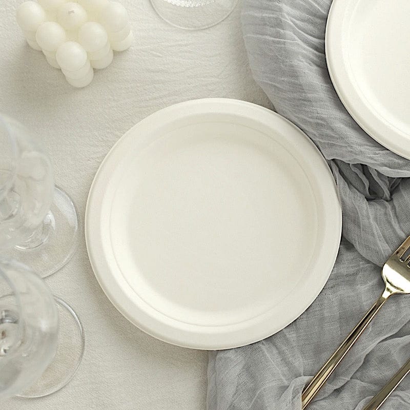 50 White Round Sustainable Bagasse Disposable Salad and Dinner Plates