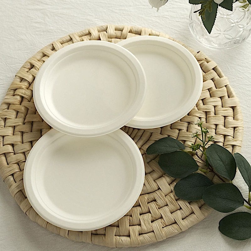 50 White Round Sustainable Bagasse Disposable Salad and Dinner Plates