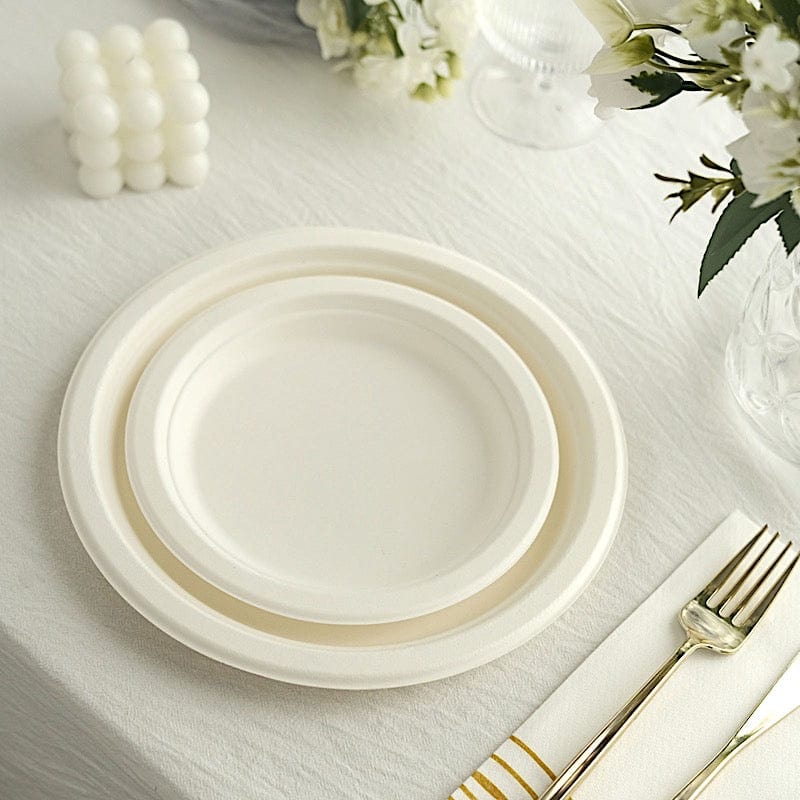 50 White Round Sustainable Bagasse Disposable Salad and Dinner Plates