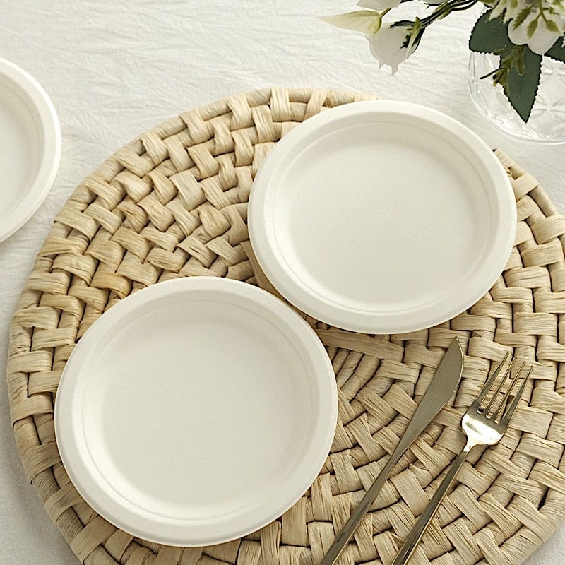 50 White Round Sustainable Bagasse Disposable Salad and Dinner Plates