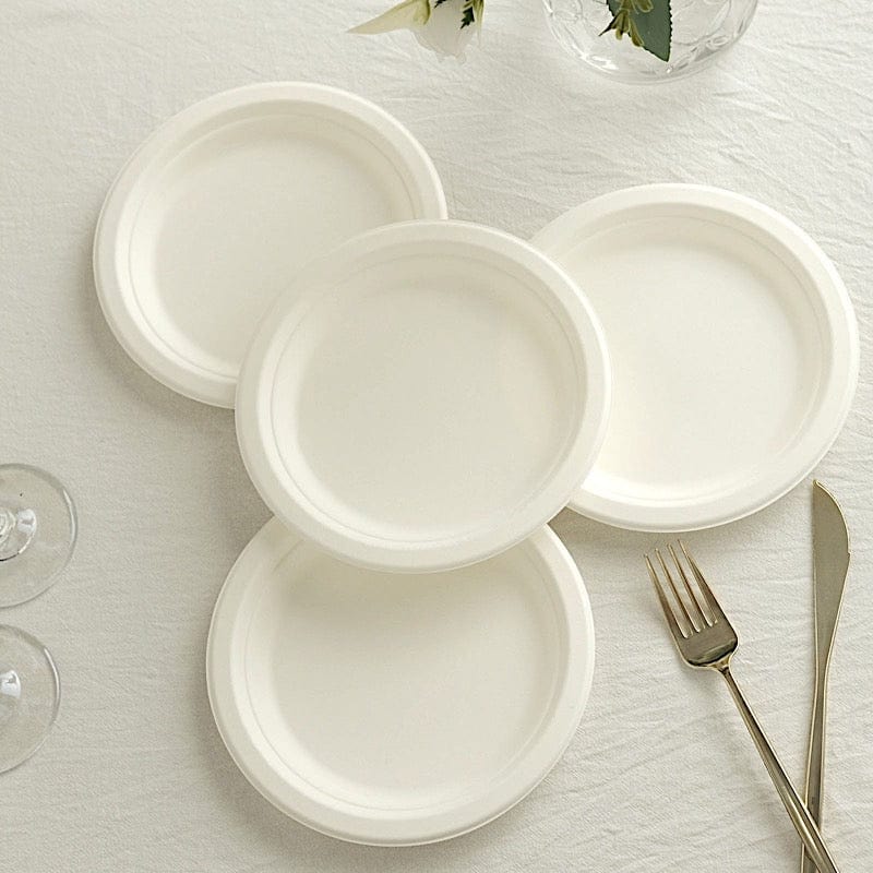 50 White Round Sustainable Bagasse Disposable Salad and Dinner Plates