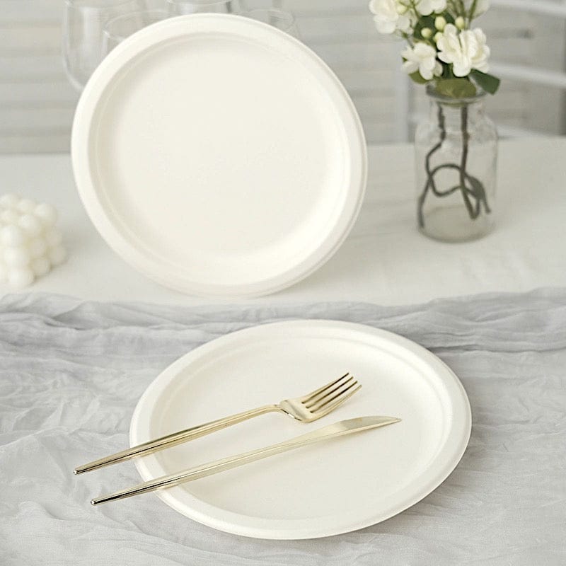 50 White Round Sustainable Bagasse Disposable Salad and Dinner Plates