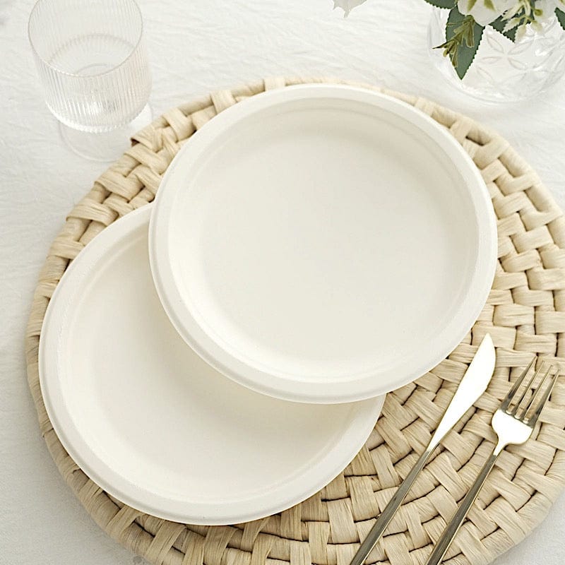50 White Round Sustainable Bagasse Disposable Salad and Dinner Plates