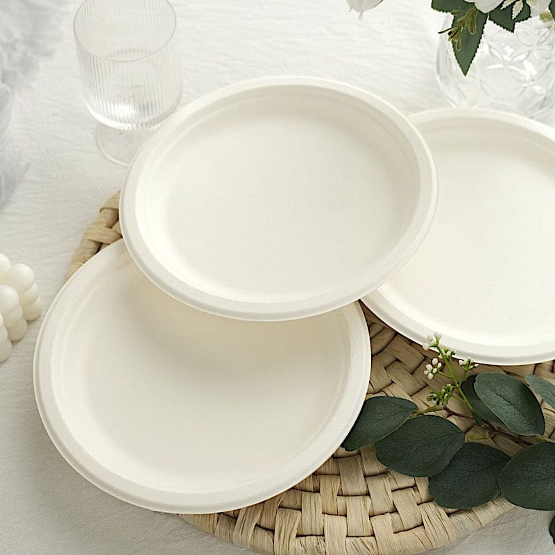 50 White Round Sustainable Bagasse Disposable Salad and Dinner Plates