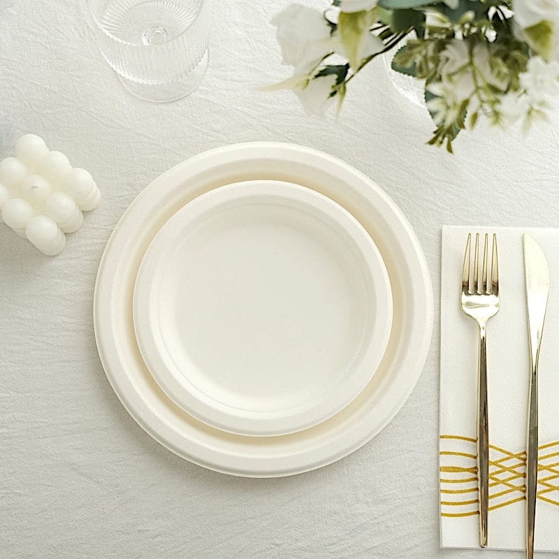 50 White Round Sustainable Bagasse Disposable Salad and Dinner Plates
