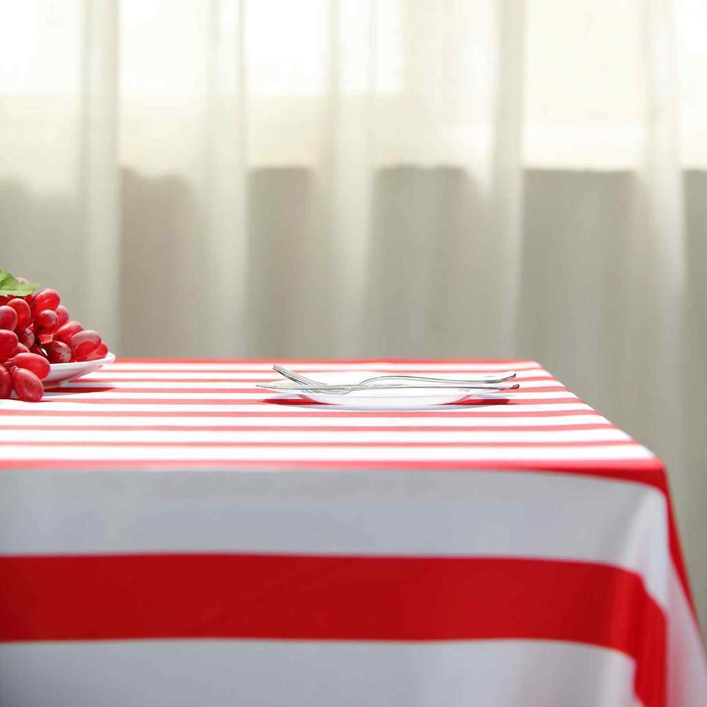 Red and White 60x102 in Satin Stripes Rectangle Tablecloth