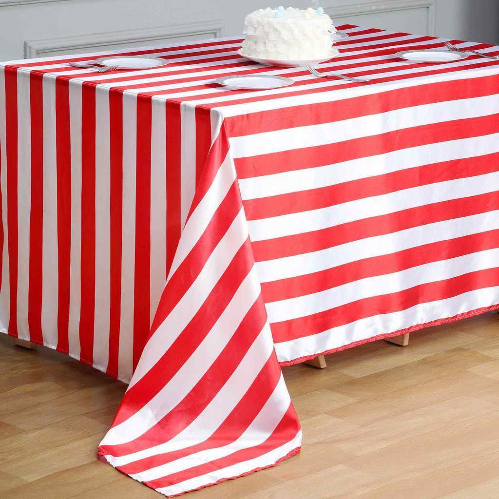 Red and White 60x102 in Satin Stripes Rectangle Tablecloth