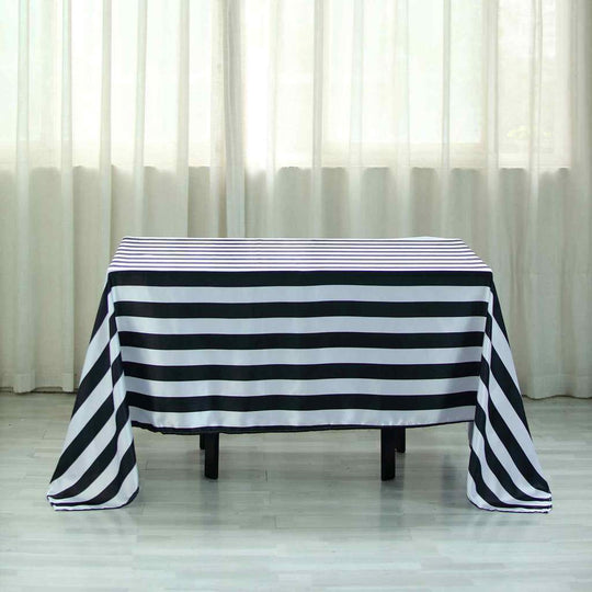 Black and White 60x102 in Satin Stripes Rectangle Tablecloth