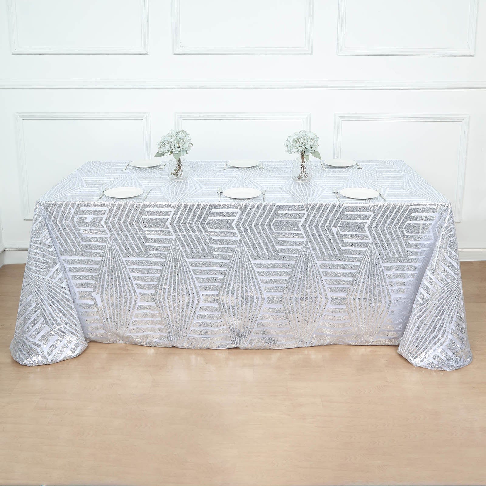 90x132 in Sequined Geometric Design Tulle Rectangle Tablecloth