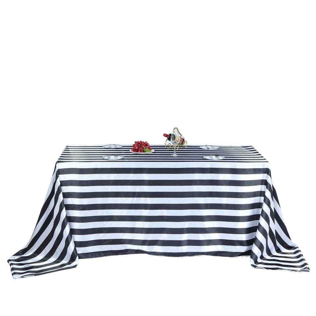 Black and White 90x156 in Satin Stripes Rectangle Tablecloth