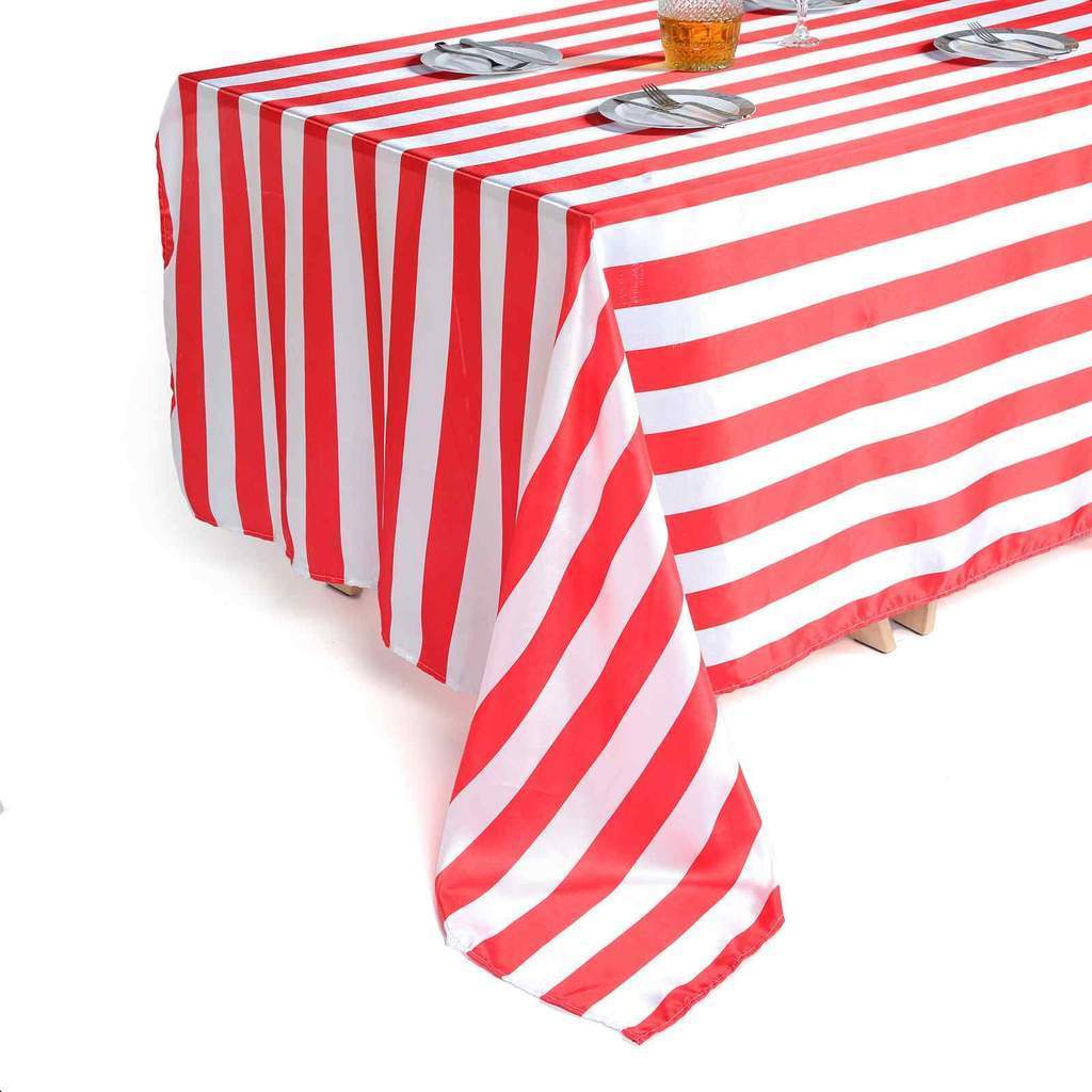 Red and White 90x156 in Satin Stripes Rectangle Tablecloth