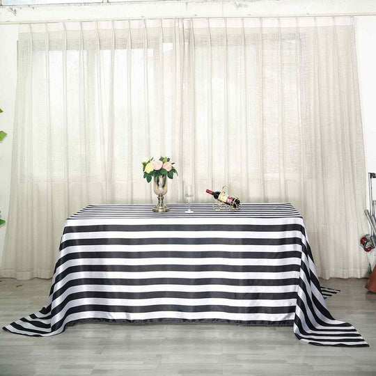 Black and White 90x156 in Satin Stripes Rectangle Tablecloth