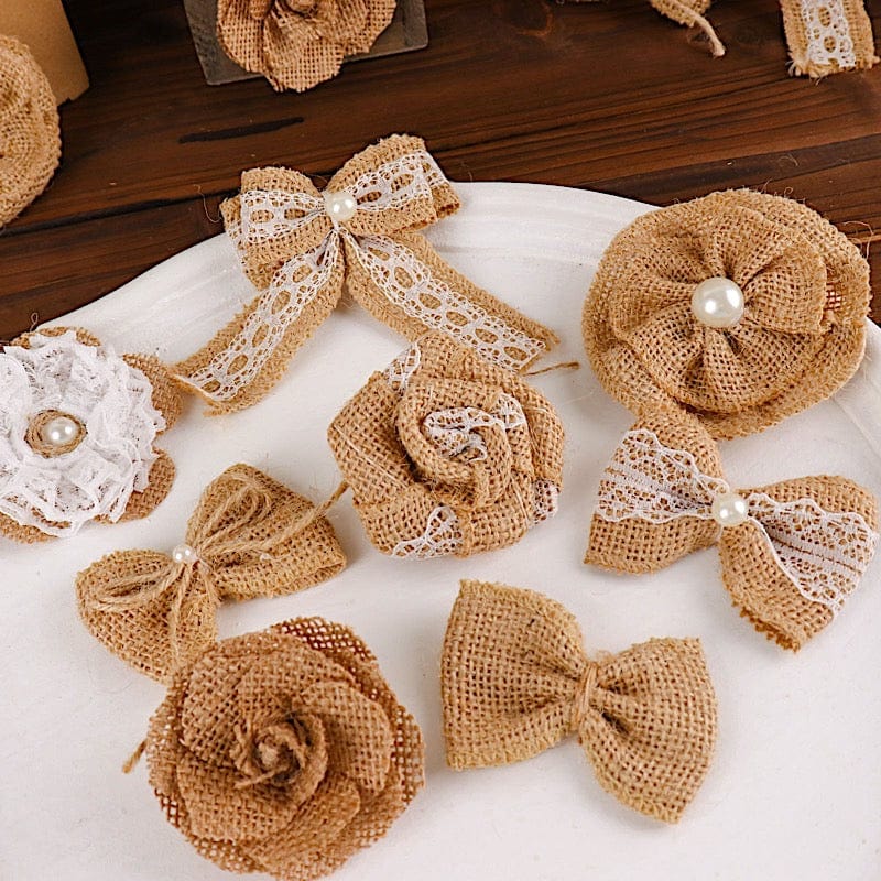 24 Natural Burlap Ribbons Assorted Pre Tied Bows and Flowers