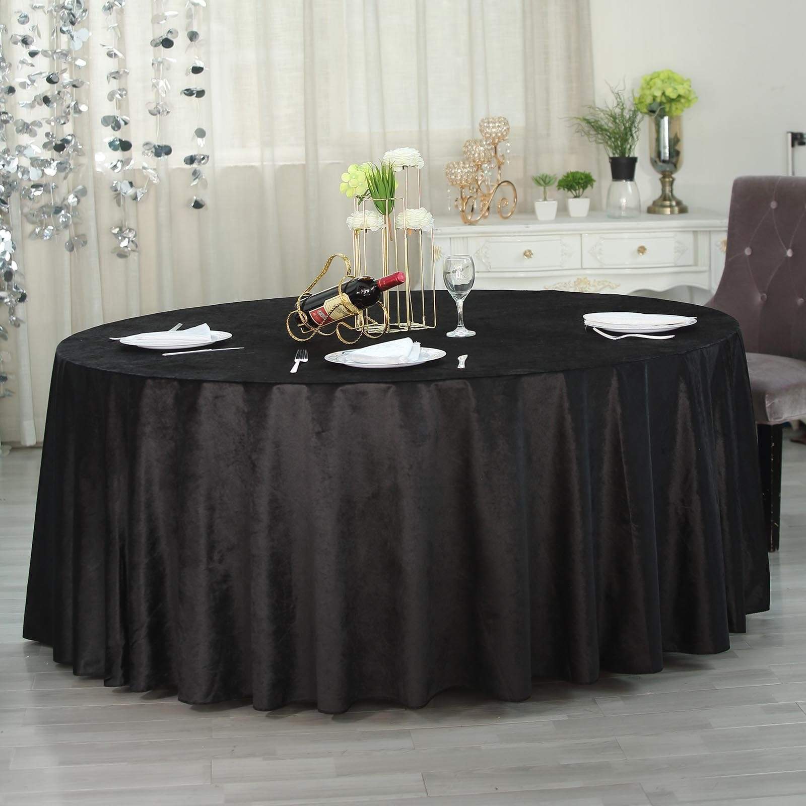 120 in Black Round Premium Velvet Tablecloth