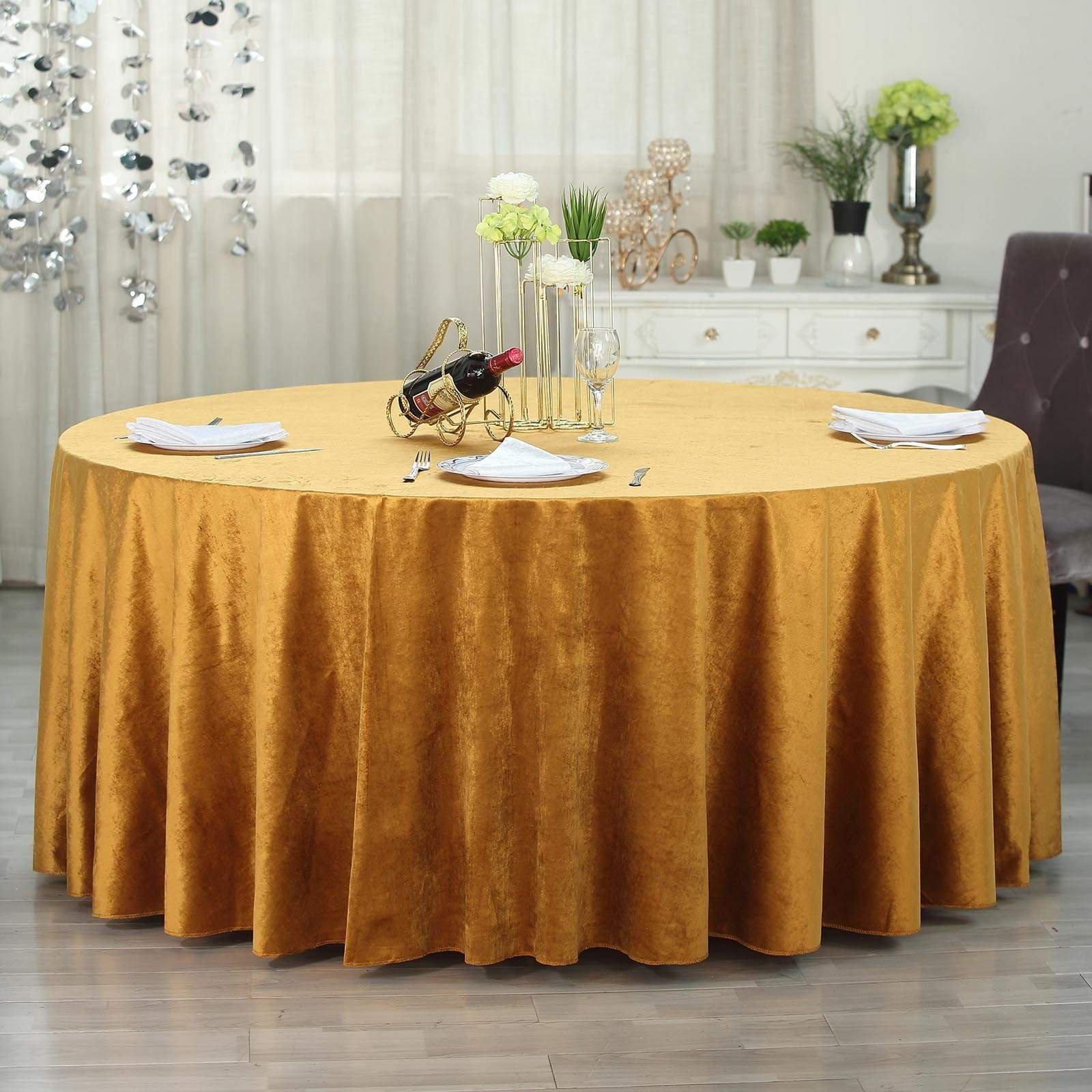 120 in Gold Round Premium Velvet Tablecloth