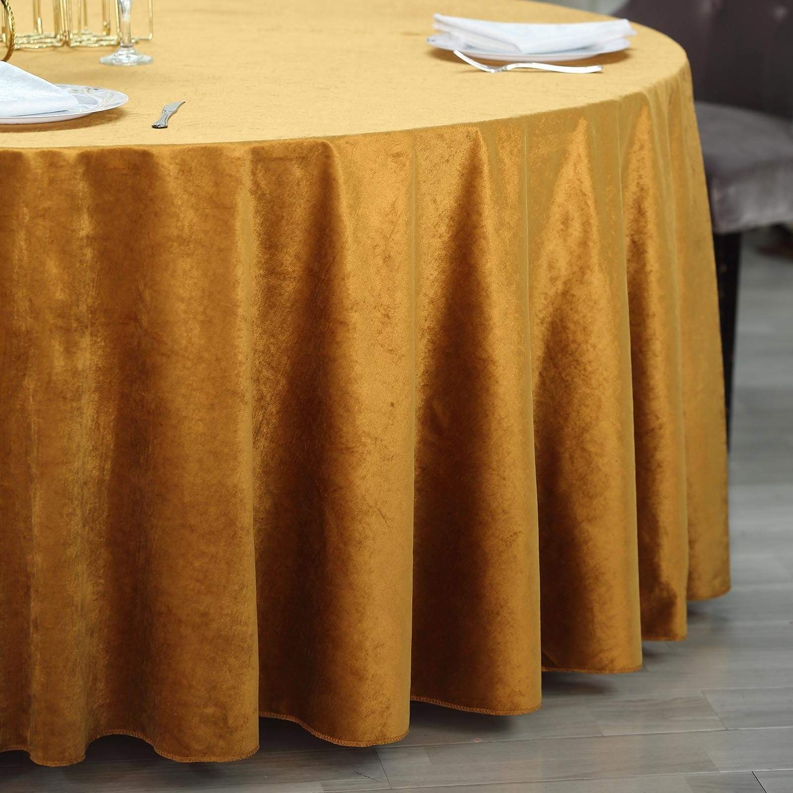 120 in Gold Round Premium Velvet Tablecloth