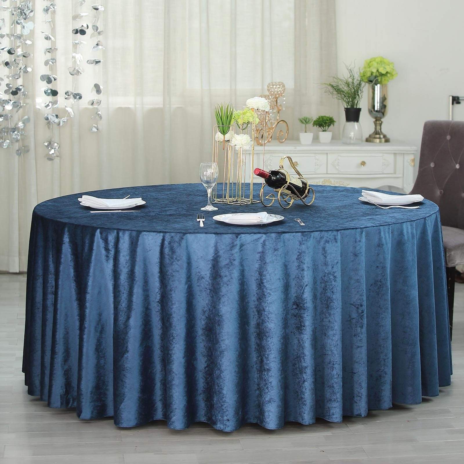 120 in Navy Blue Round Premium Velvet Tablecloth