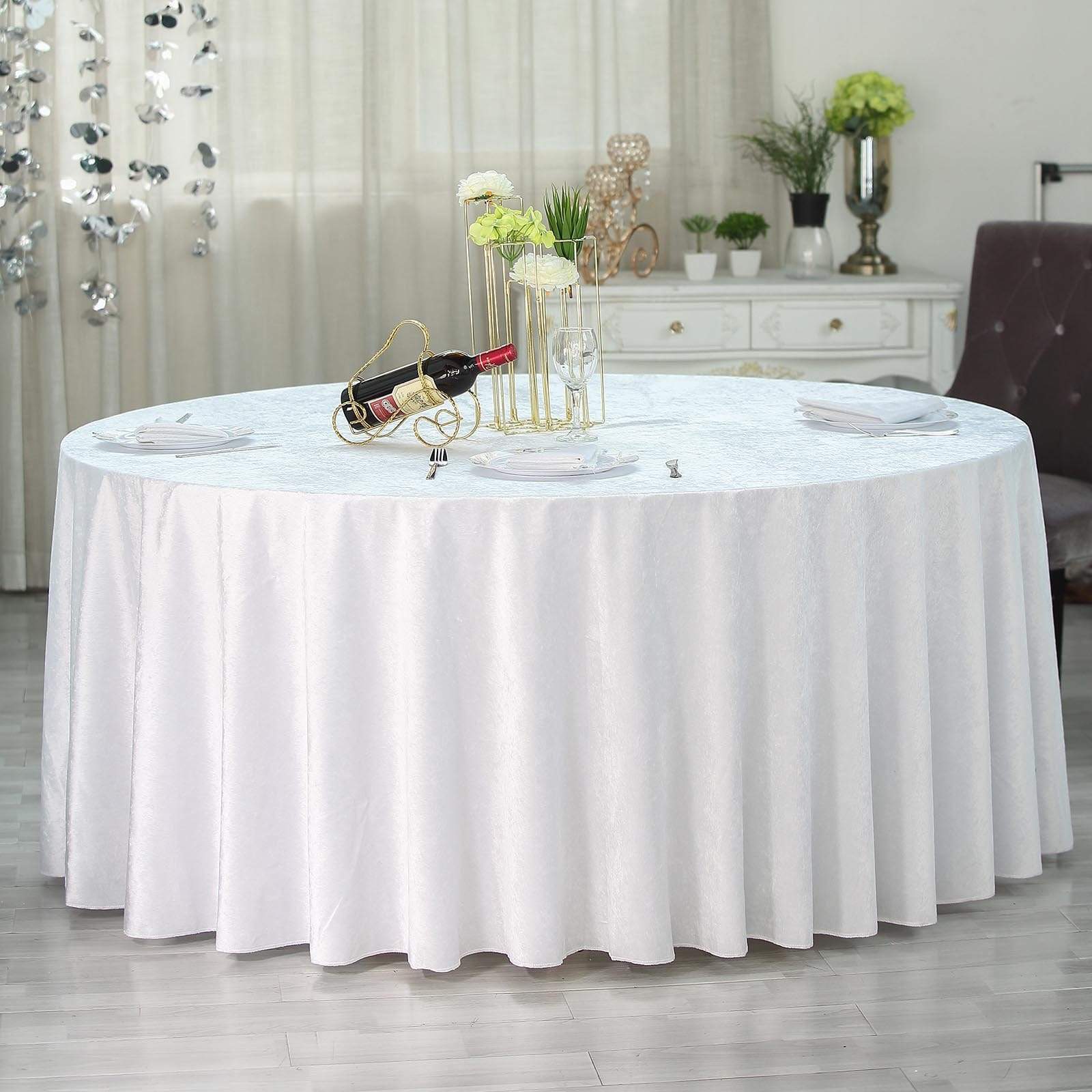 120 in White Round Premium Velvet Tablecloth