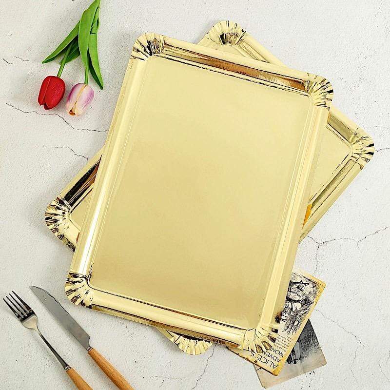 10 Gold Rectangular Mini Paper Serving Trays with Scalloped Design