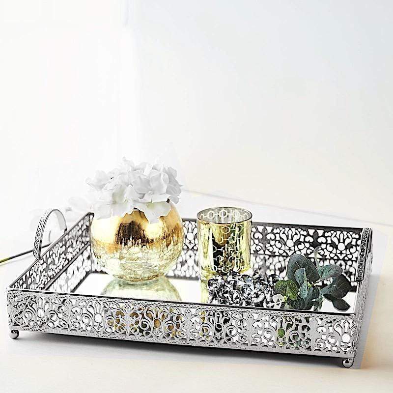 16x12 in Metal Rectangle Fleur De Lis Trim Decorative Mirror Serving Tray