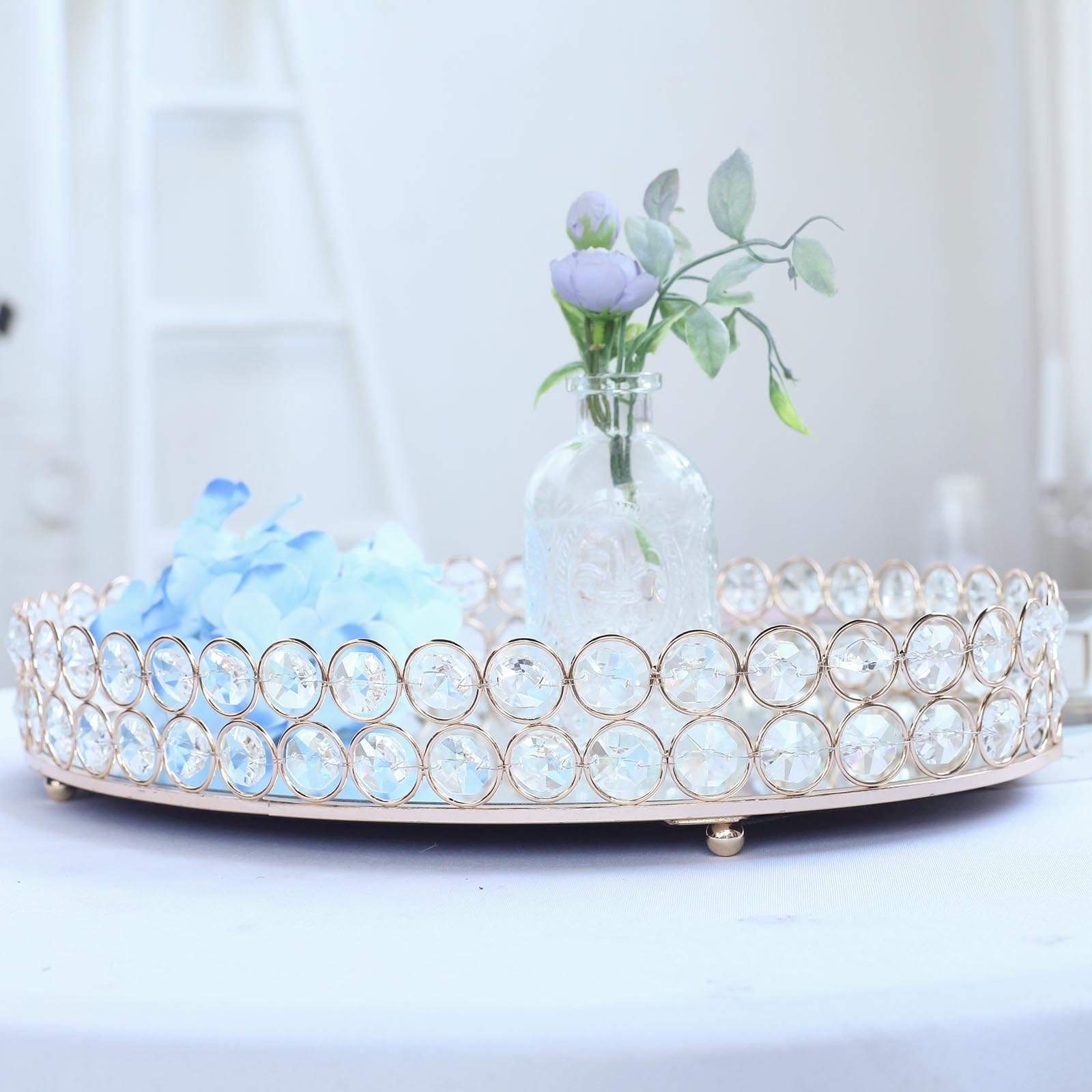 Gold Oval Metal with Crystal Beads Mirror Serving Tray