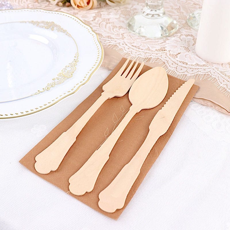 24 Disposable Natural Birchwood Cutlery Set Baroque Design Spoons Forks Knives
