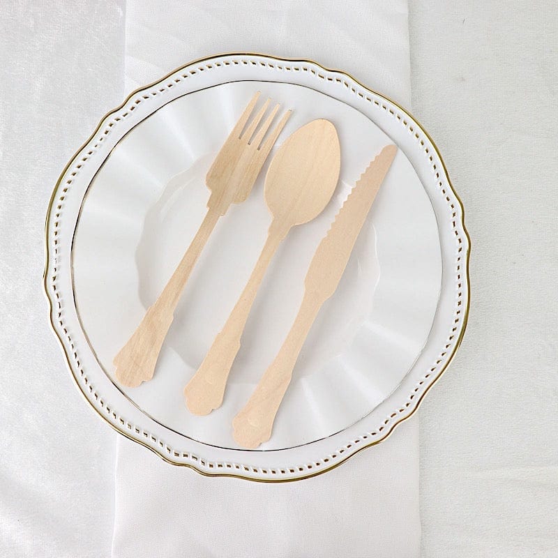 24 Disposable Natural Birchwood Cutlery Set Baroque Design Spoons Forks Knives