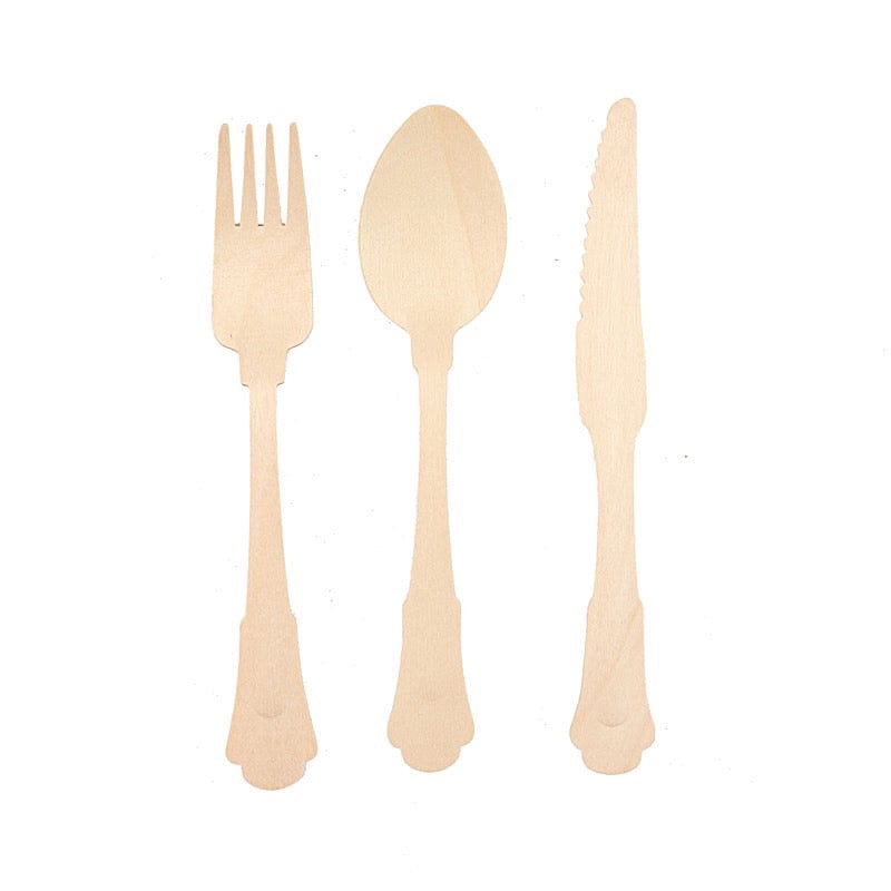 24 Disposable Natural Birchwood Cutlery Set Baroque Design Spoons Forks Knives