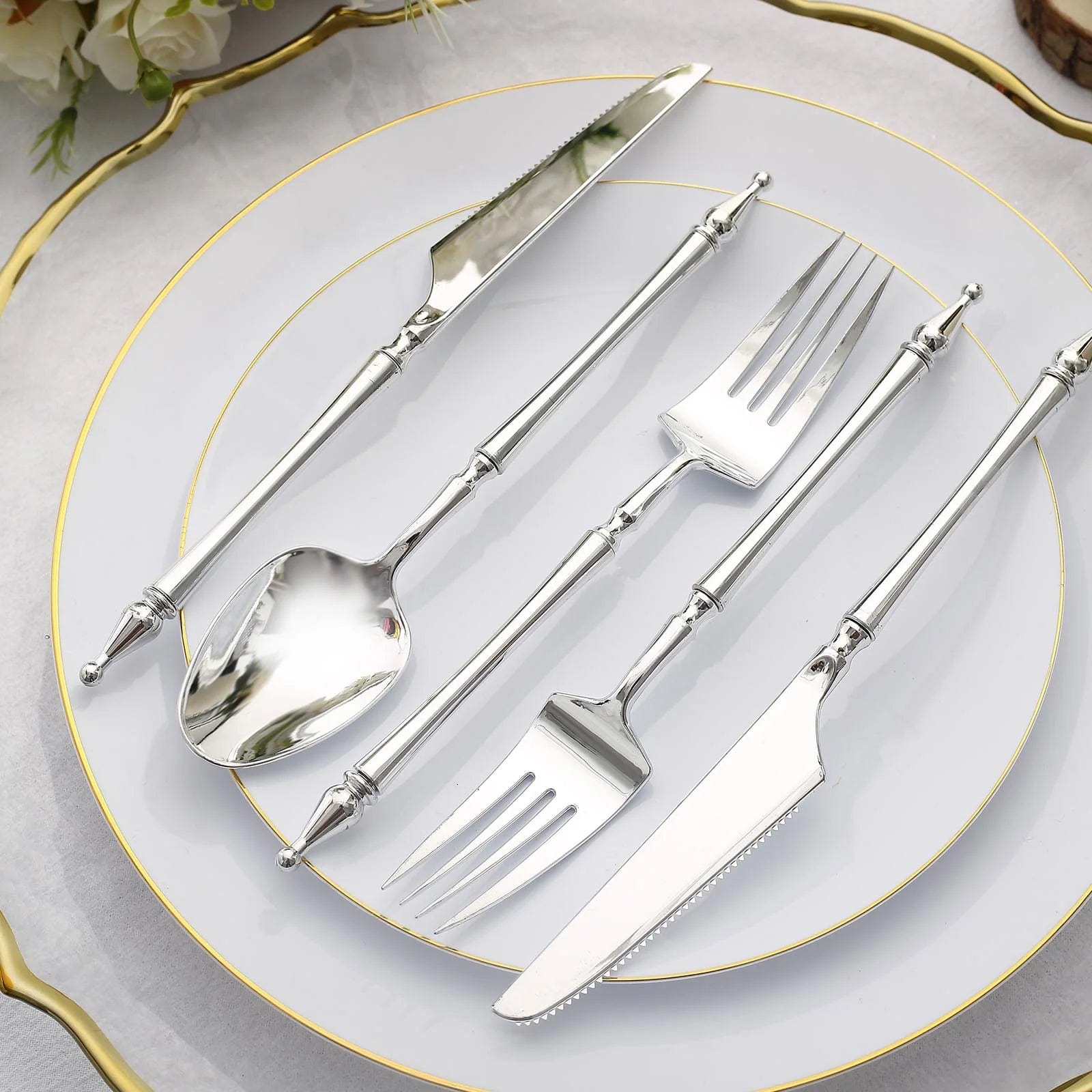 24 Disposable Plastic Cutlery with Roman Column Handle Spoon Fork and Knife Set