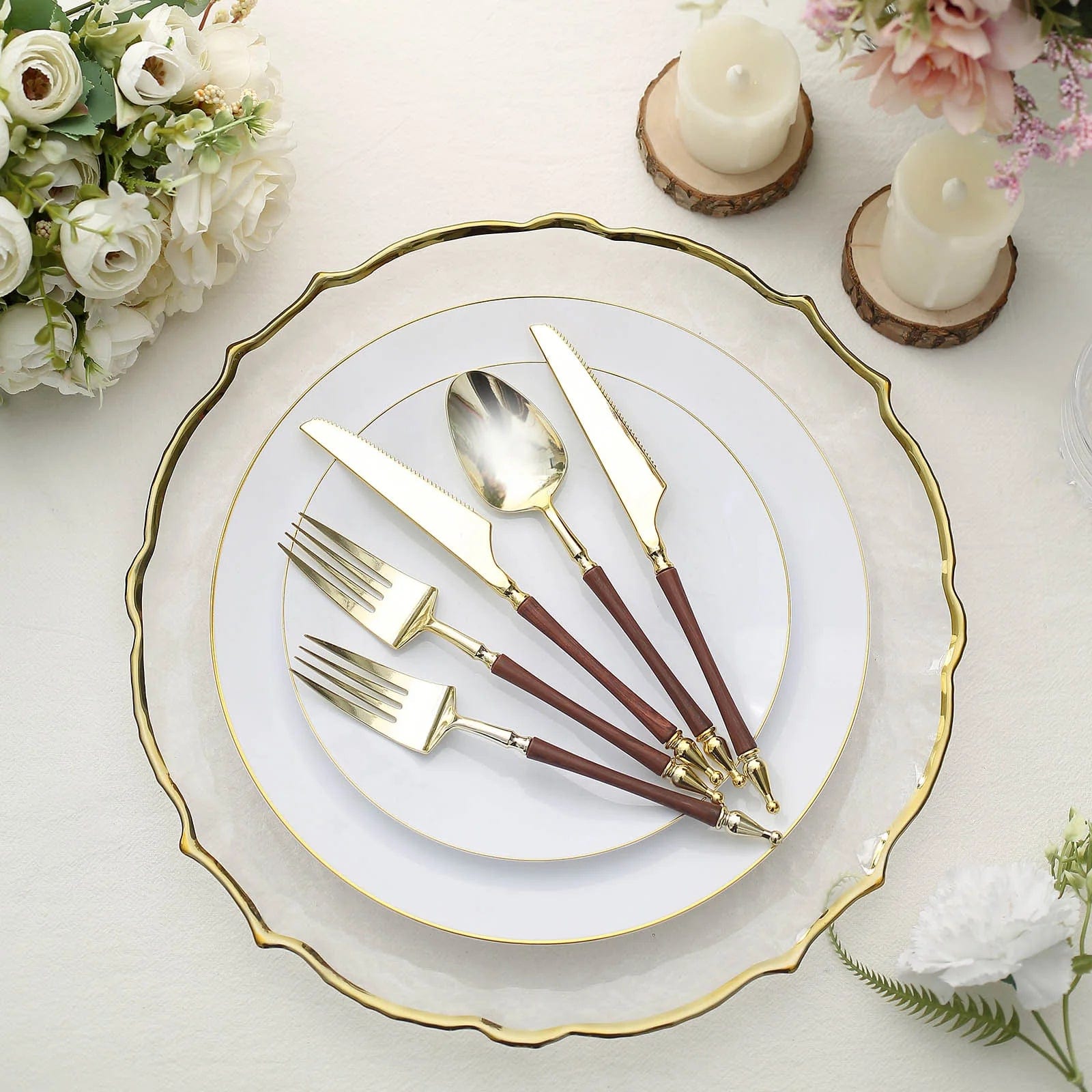 24 Disposable Plastic Cutlery with Roman Column Handle Spoon Fork and Knife Set