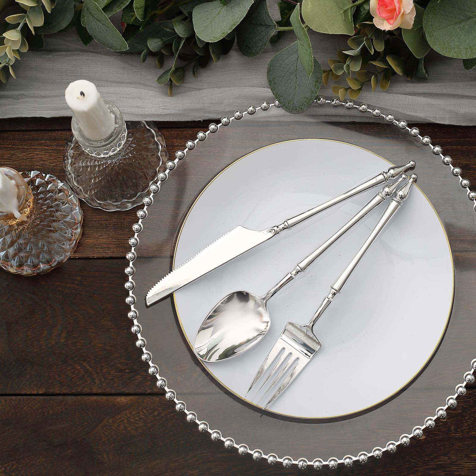 24 Disposable Plastic Cutlery with Roman Column Handle Spoon Fork and Knife Set