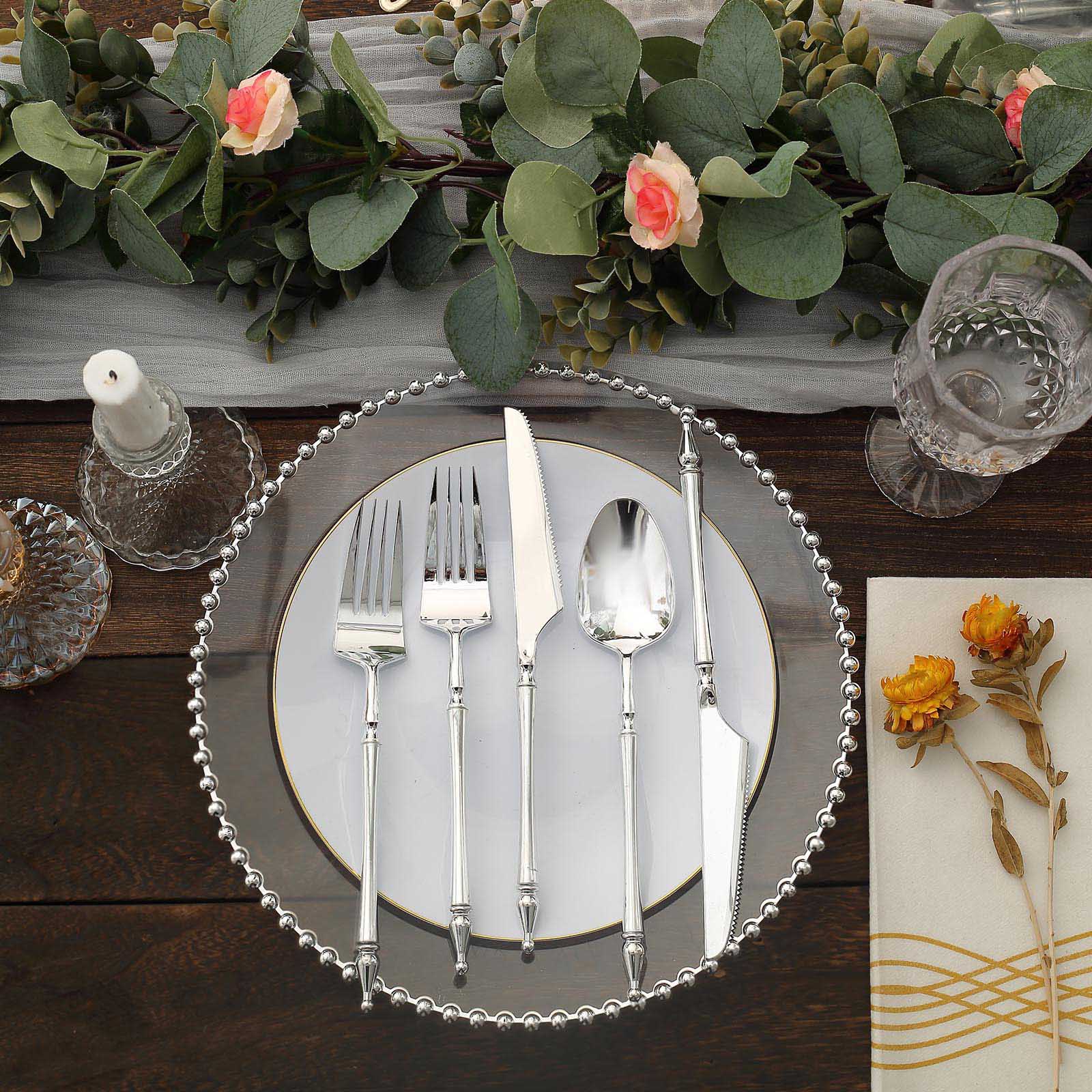 24 Disposable Plastic Cutlery with Roman Column Handle Spoon Fork and Knife Set