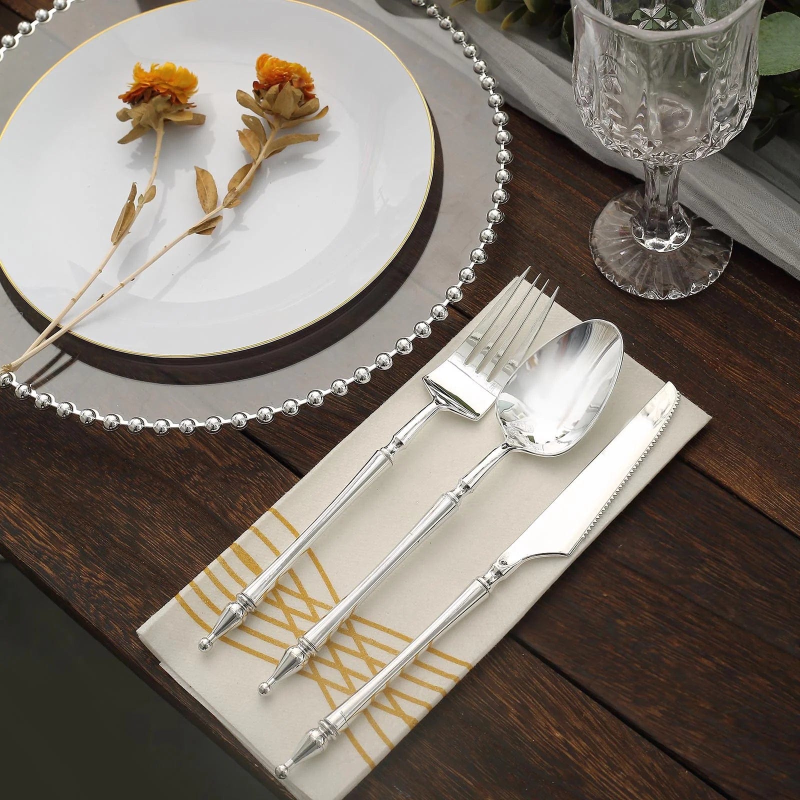 24 Disposable Plastic Cutlery with Roman Column Handle Spoon Fork and Knife Set