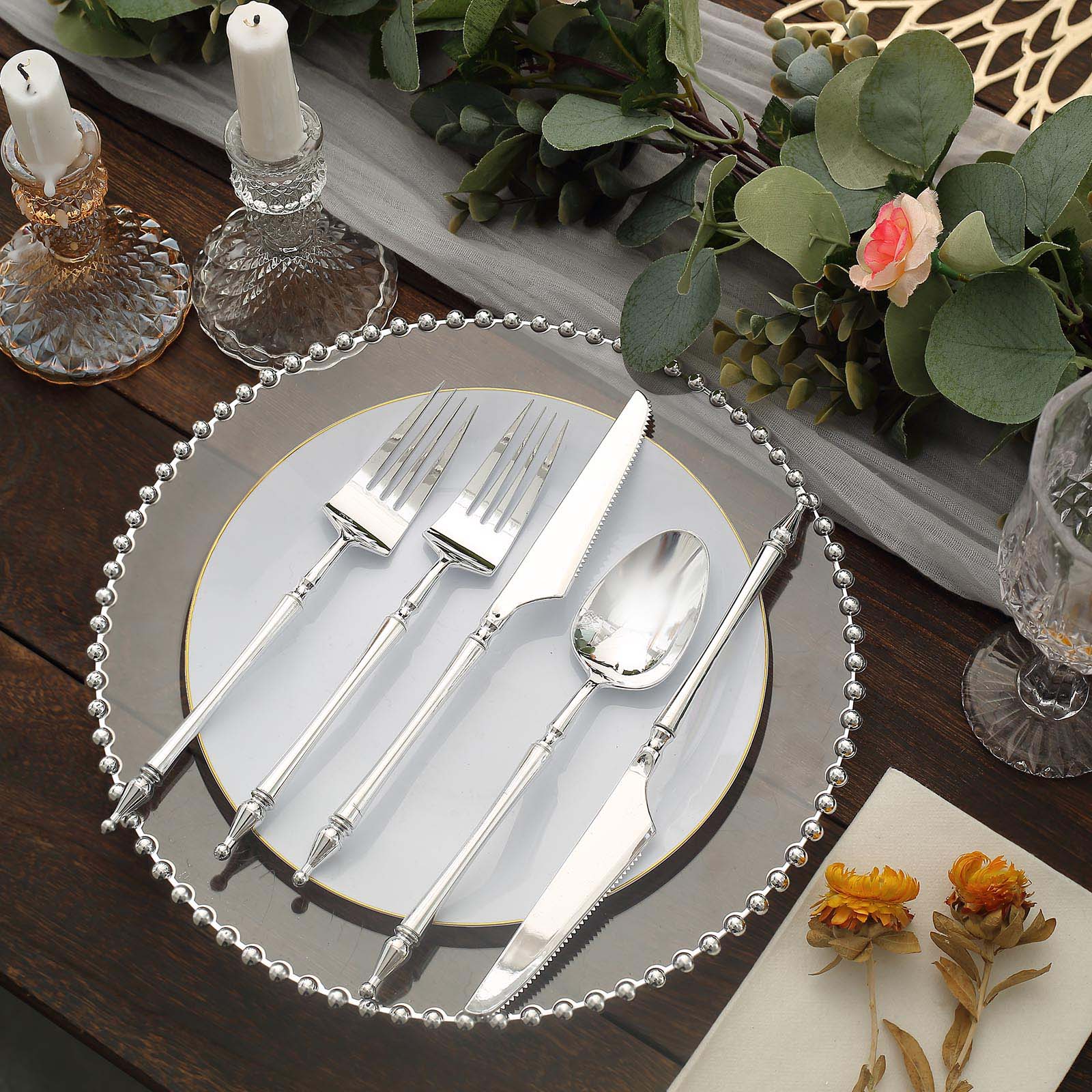 24 Disposable Plastic Cutlery with Roman Column Handle Spoon Fork and Knife Set